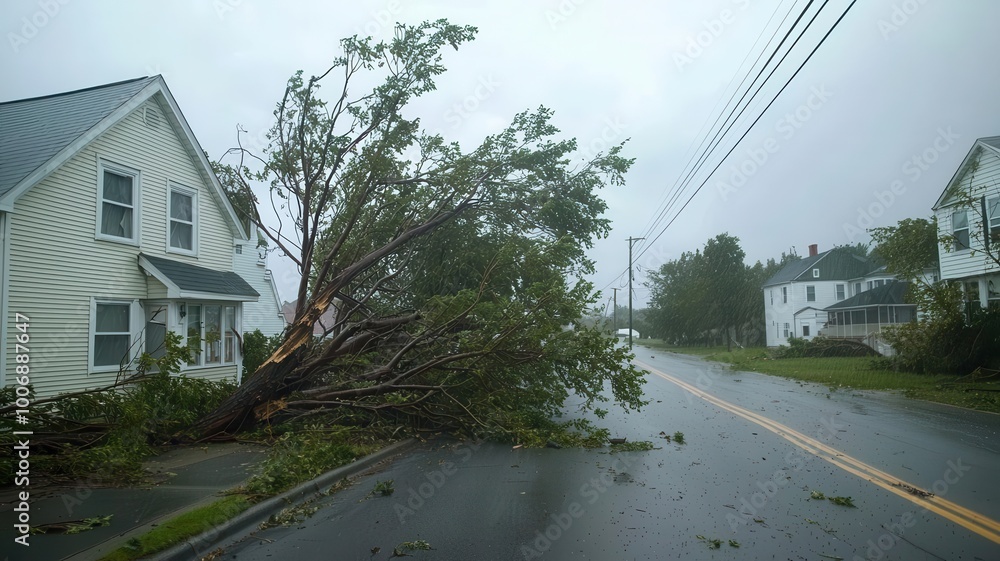 Naklejka premium Severe storm uprooting trees and snapping power lines in a residential neighborhood storm damage, residential impact