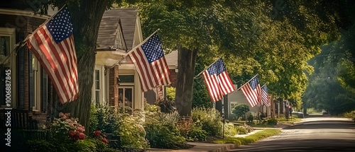 Street scene with houses displaying American flags, shaded by leafy trees, patriotic unity