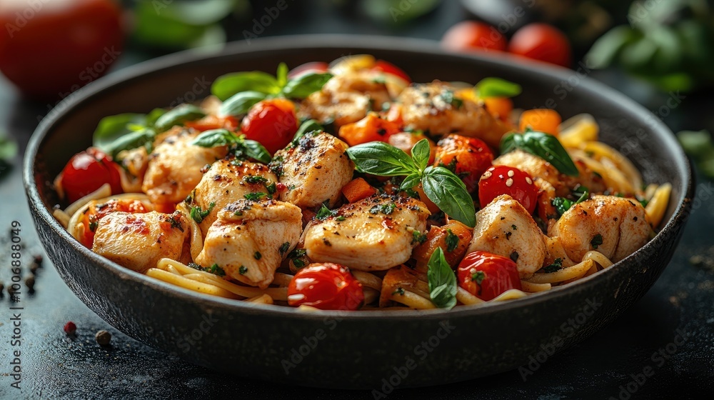 Delicious Chicken and Tomato Pasta in a Black Pan Delicious Chicken and Tomato Pasta in a Black Pan