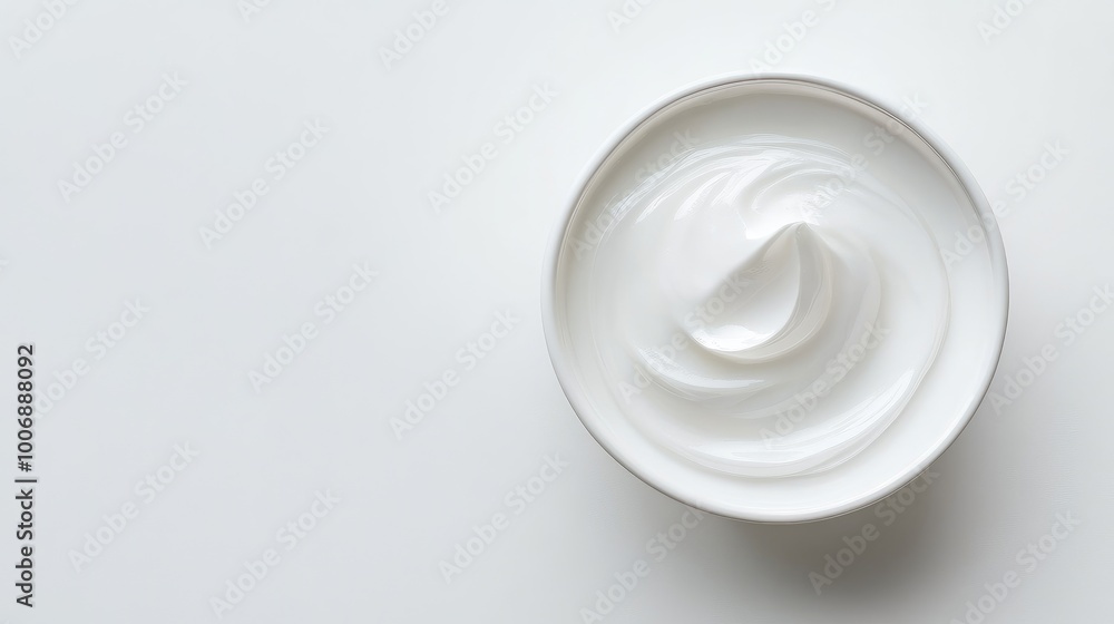 Top view close-up of a moisturizing cream sample, glossy surface reflecting light. No logo or text. Minimalist, clean presentation with white background. Top view close-up of a moisturizing cream sample, glossy surface reflecting light. No logo or text. Minimalist, clean presentation with white background.