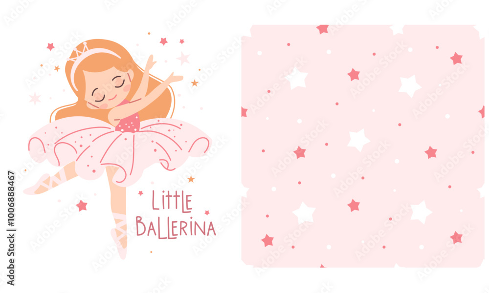 A set of vector prints for printing on children's products. Cute little girl ballerina dancing, little ballerina lettering, seamless vector pattern with stars on pink background . Vector illustration