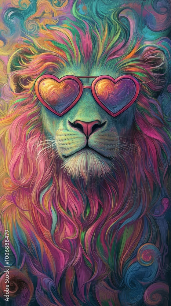 Fototapeta premium Colorful lion portrait with heart-shaped sunglasses, digital art. Artistic and creative expression concept