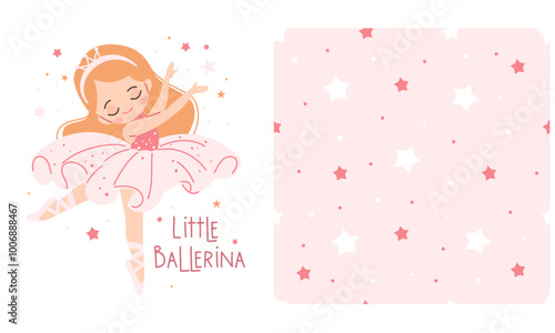 A set of vector prints for printing on children's products. Cute little girl ballerina dancing, little ballerina lettering, seamless vector pattern with stars on pink background . Vector illustration
