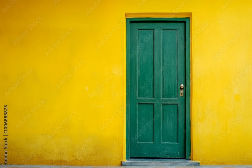 Green door closed entrance in yellow background room. Green door closed entrance in yellow background room.