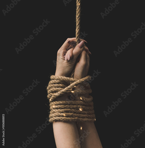 Tied female hands on a black background, games for adults, BDSM.