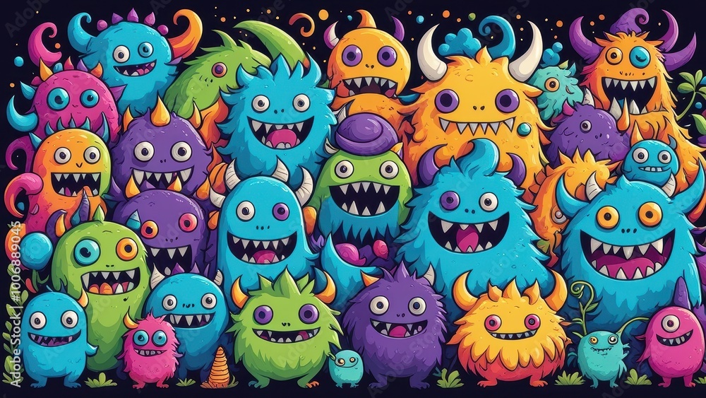A colorful array of whimsical monsters with cheerful expressions and playful designs. A colorful array of whimsical monsters with cheerful expressions and playful designs.