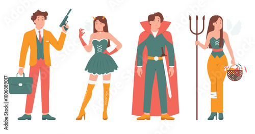 Set Halloween costumes disguise celebrate holiday party concept illustration