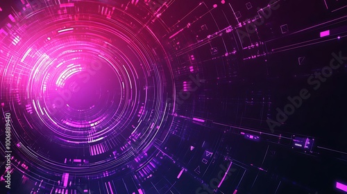 Abstract digital technology background with glowing pink and purple circles and lines.