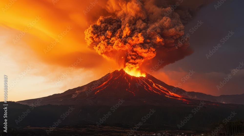 Volcano erupting, spewing lava and ash into the sky while nearby villages evacuate volcanic eruption, fiery disaster Volcano erupting, spewing lava and ash into the sky while nearby villages evacuate volcanic eruption, fiery disaster