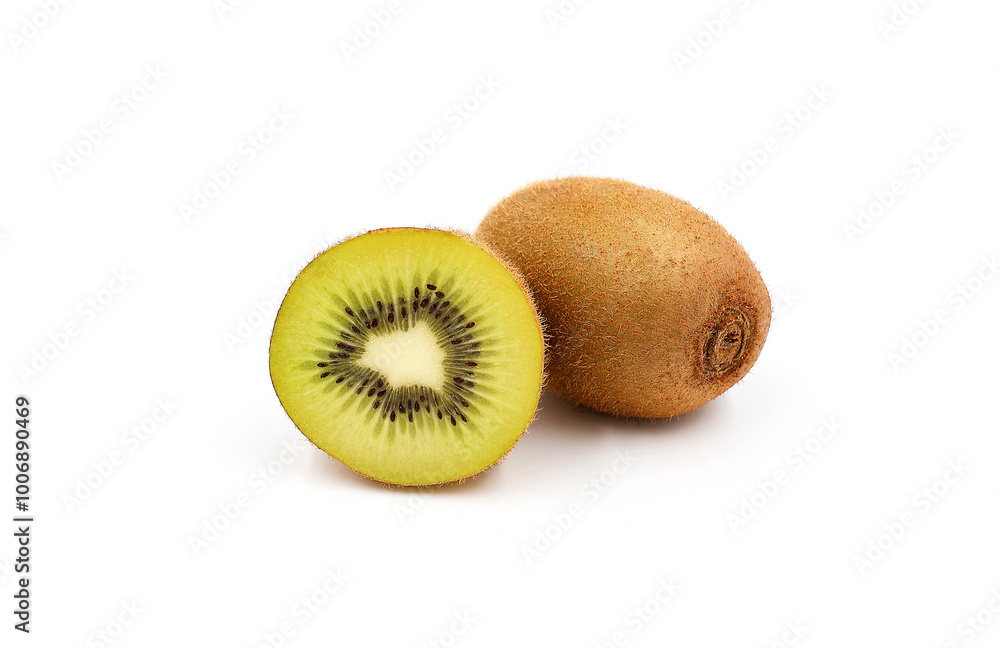 Tasty kiwi isolated on white background. Whole and half kiwi or Chinese gooseberry (Actinidia). Tasty kiwi isolated on white background. Whole and half kiwi or Chinese gooseberry (Actinidia).