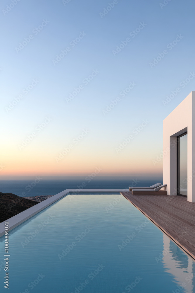 Serene infinity pool overlooking the ocean at sunset in a modern villa on a tranquil Mediterranean coast Serene infinity pool overlooking the ocean at sunset in a modern villa on a tranquil Mediterranean coast