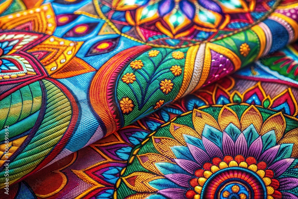 Colorful fabric with mandala patterns close-up Colorful fabric with mandala patterns close-up