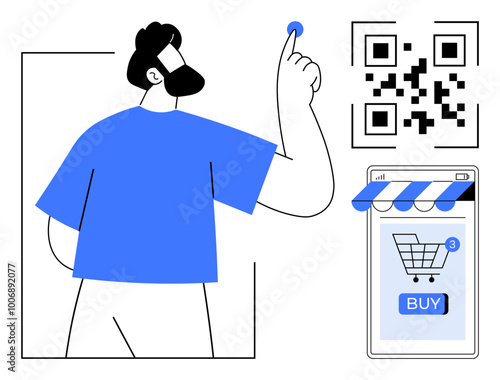 A person in blue taps a blue button with icons of a shopping cart and a QR code around, indicating online purchases. Ideal for e-commerce, digital payment, online store, QR code technology, app