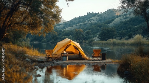 Peaceful Camping Near River with Tent and Chairs