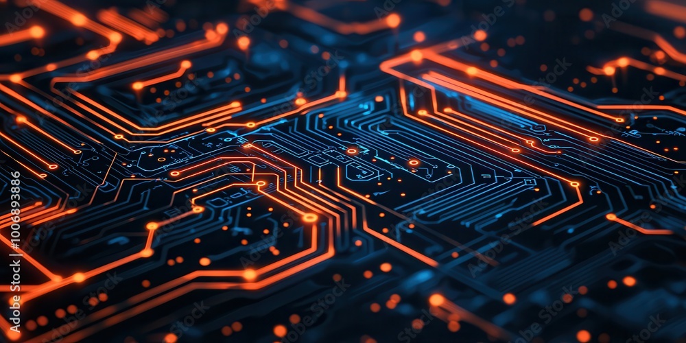 A close-up view of a circuit board design, featuring vibrant orange and blue lines illuminated against a dark background. A close-up view of a circuit board design, featuring vibrant orange and blue lines illuminated against a dark background.