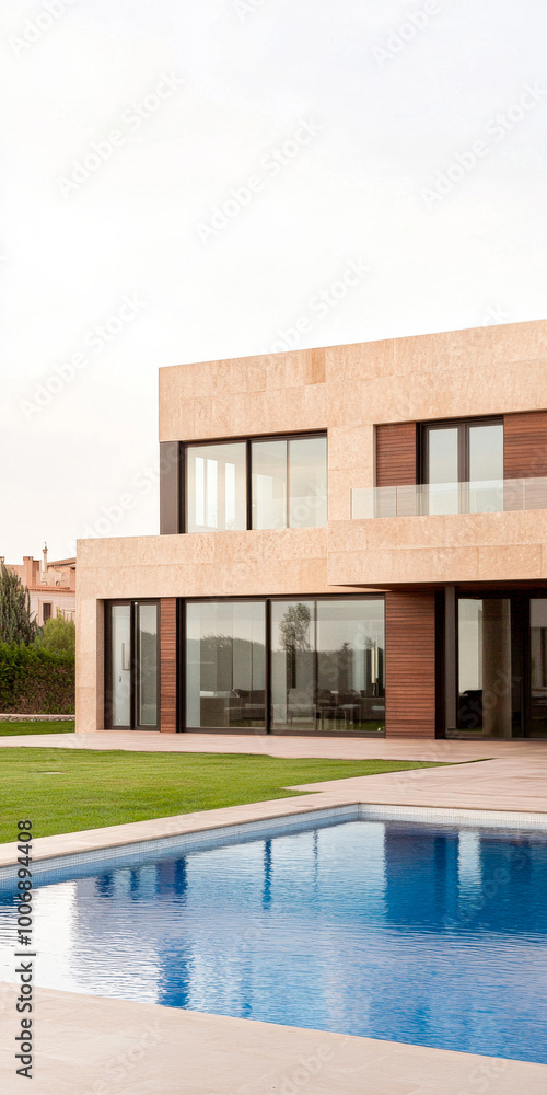 Modern two-story house with expansive windows and a sleek pool in a tranquil outdoor setting at sunset Modern two-story house with expansive windows and a sleek pool in a tranquil outdoor setting at sunset
