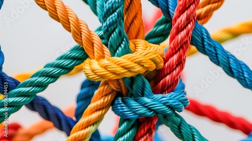 A colorful arrangement of twisted ropes intertwined together.