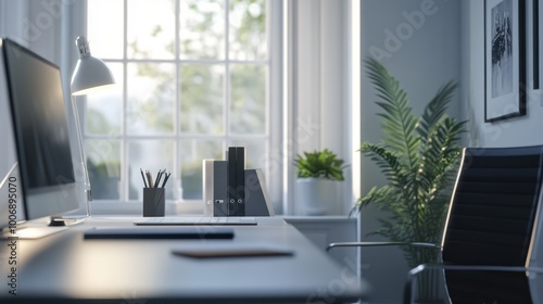 Wallpaper Mural Contemporary home office with product display space low light near window 3D rendering Torontodigital.ca