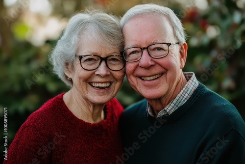 Heartwarming portrait of elderly couple smiling outdoors, soft lighting creating a joyful atmosphere