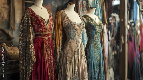 Bohemian-style dresses draping elegantly on mannequins. Nostalgic medieval setting