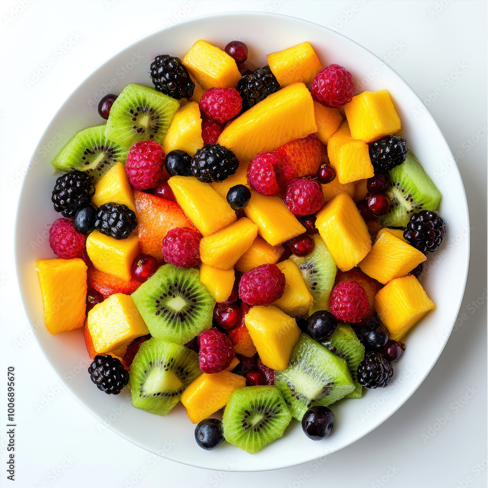 Obraz premium Fresh Mixed Fruit Salad with Mango, Kiwi, Berries, and Peaches.
