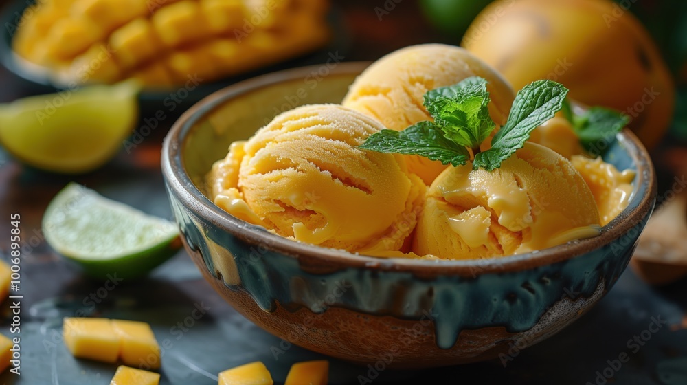 Enjoy a Mango Sorbet made with fresh ingredients and a mint garnish for a summer treat Enjoy a Mango Sorbet made with fresh ingredients and a mint garnish for a summer treat