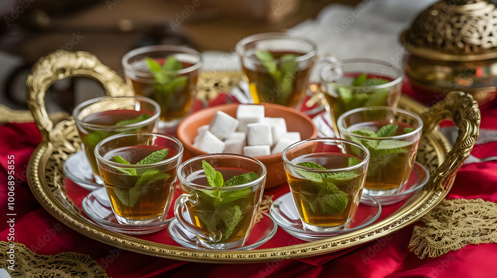 Fototapeta premium A beautifully set Arabic tea tray with small glass cups, filled with mint tea, and a bowl of sugar cubes. 