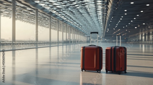 Two suitcases in an empty airport hall, traveler cases in the departure airport terminal waiting for the area, vacation concept, blank space for text message or design, photo