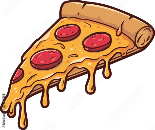 Cartoon Style Pizza Slice Illustration with Dripping Cheese and Golden Crust on Transparent Background
