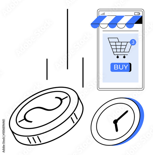 Smartphone screen showing buy button and shopping cart notification. Coin and clock symbolizing digital transactions and time management. Ideal for ecommerce, finance, time management, fintech