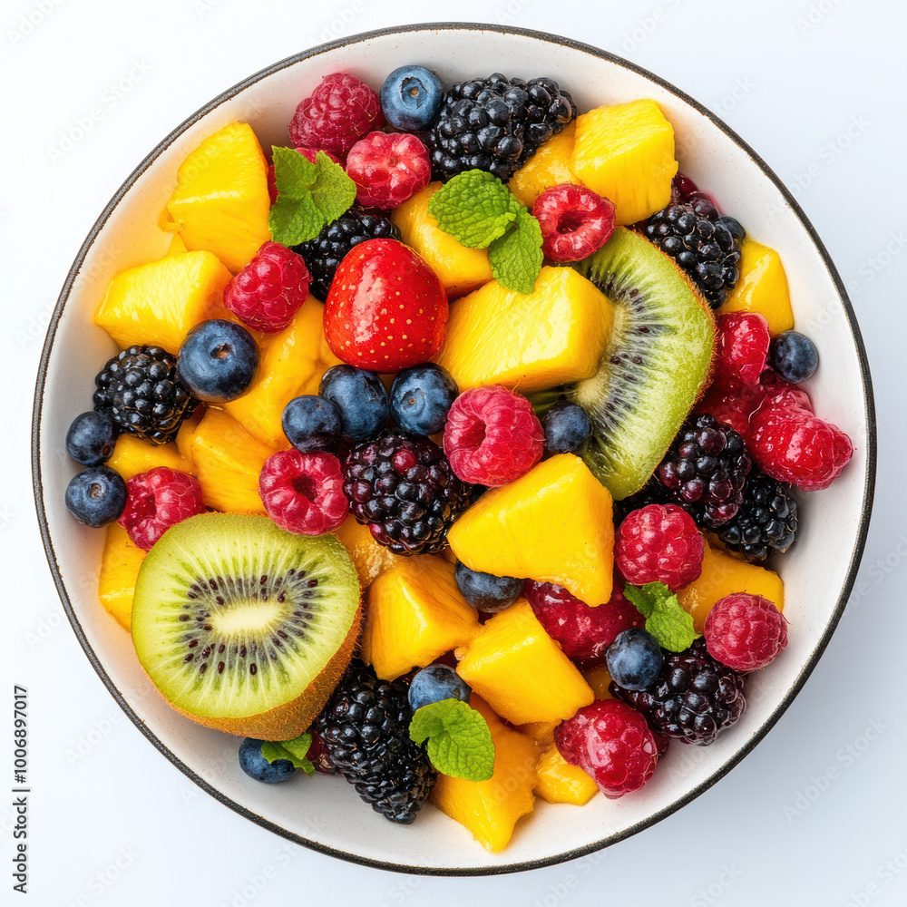 Obraz premium Fresh Mixed Fruit Salad with Mango, Kiwi, Berries, and Peaches.