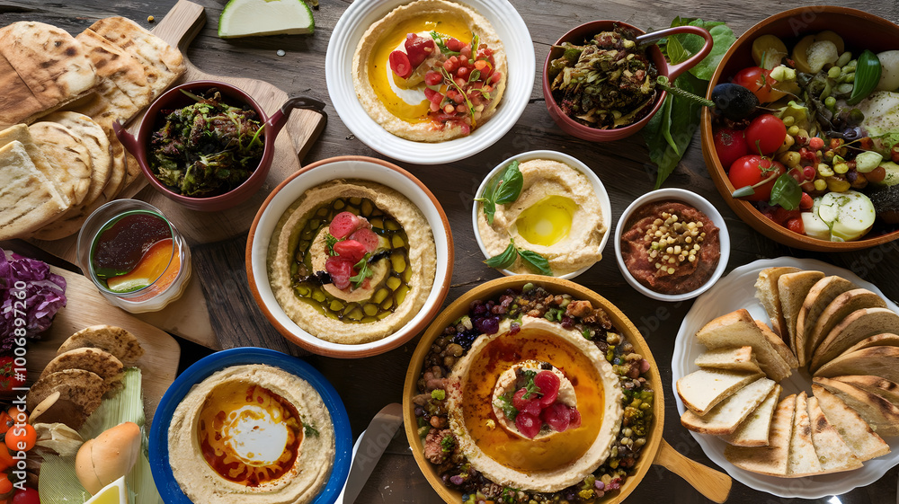 custom made wallpaper toronto digitalA colorful spread of mezze dishes, featuring vibrant hummus, tabbouleh, baba ghanoush, and pita bread arranged on a rustic wooden table.
