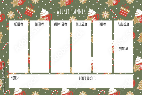 Weekly planner template with winter background. Personal electronic organizer.	