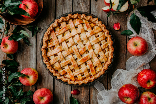 Traditional apple pie and ingredients on wooden table. Top view. Traditional thanksgiving dessert