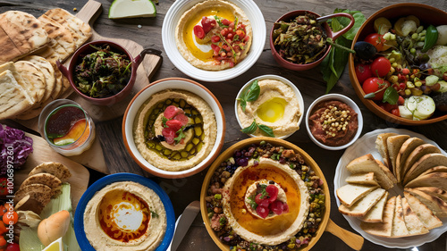Wallpaper Mural A colorful spread of mezze dishes, featuring vibrant hummus, tabbouleh, baba ghanoush, and pita bread arranged on a rustic wooden table.
 Torontodigital.ca