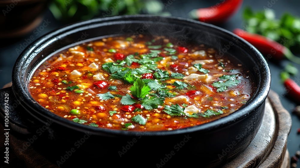 Spicy Vegetable Soup in a Black Bowl Spicy Vegetable Soup in a Black Bowl