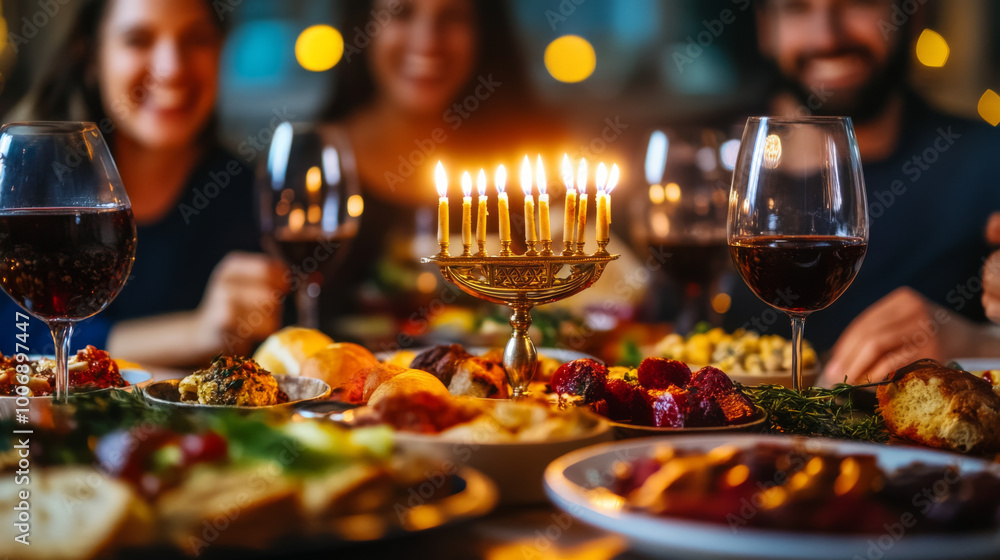 A menorah placed in the center of a bustling Hanukkah dinner table, surrounded by traditional foods and family laughter. A menorah placed in the center of a bustling Hanukkah dinner table, surrounded by traditional foods and family laughter.