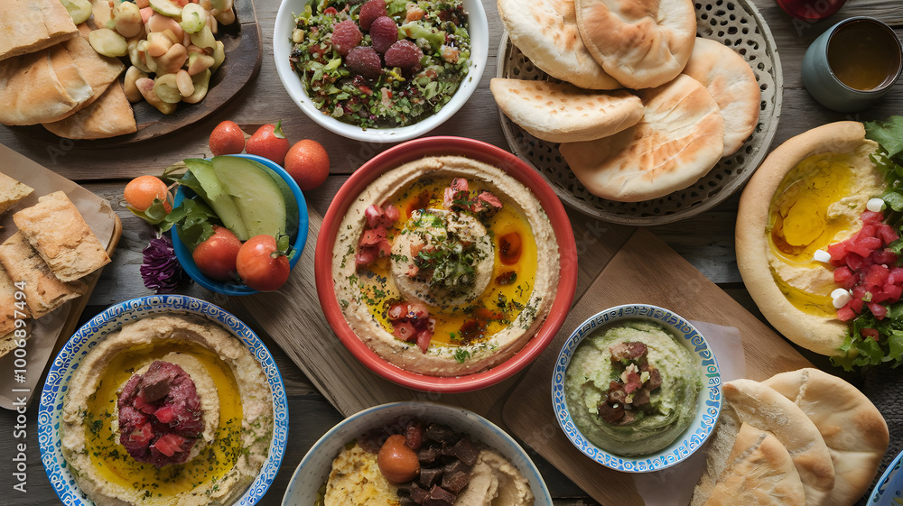 A colorful spread of mezze dishes, featuring vibrant hummus, tabbouleh, baba ghanoush, and pita bread arranged on a rustic wooden table.
A colorful spread of mezze dishes, featuring vibrant hummus, tabbouleh, baba ghanoush, and pita bread arranged on a rustic wooden table.