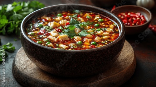 Spicy Sichuan Soup with Tofu and Peas in a Bowl