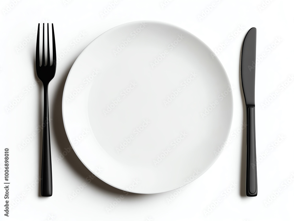 Minimalist table setting with a blank plate, fork, and knife on a white background. Minimalist table setting with a blank plate, fork, and knife on a white background.