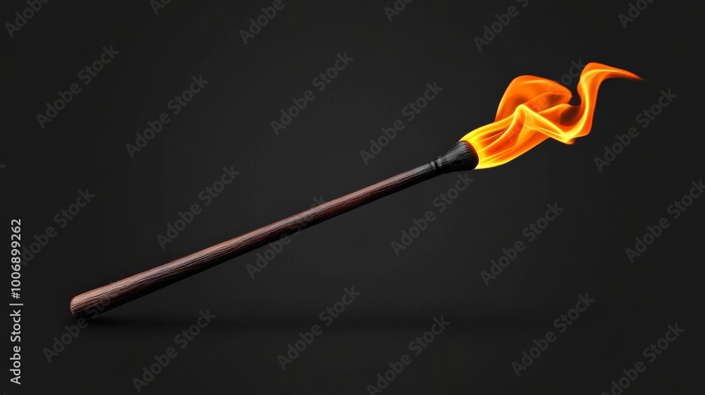 Fototapeta premium Fiery Torch Against Dark Background: A long, slender torch with a vibrant, dancing flame against a stark black background. The image evokes feelings of adventure, mystery, and the pursuit of light.