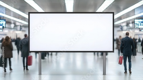 Blank advertising billboard in busy train station with travelers passing by.