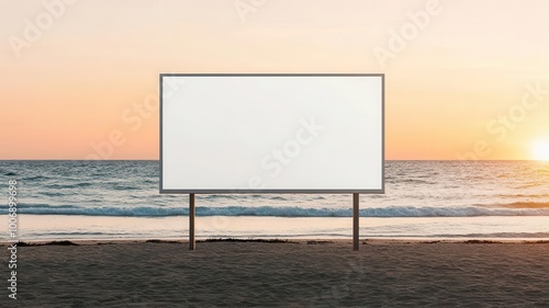 Blank billboard at sunset on beach, ocean view, ideal for advertising or promotions. photo