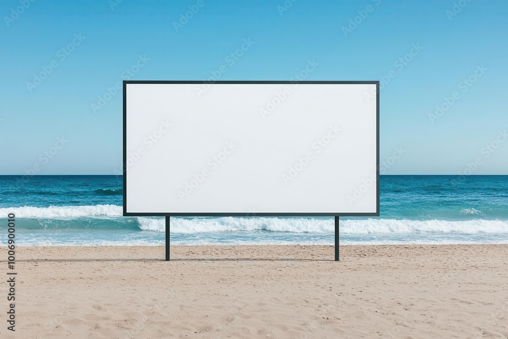 Blank billboard on beach with ocean and clear sky, perfect for advertising. Blank billboard on beach with ocean and clear sky, perfect for advertising.