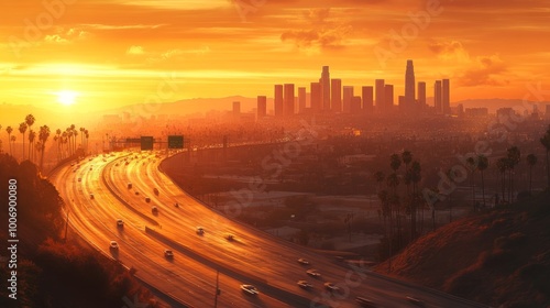 Warm sunset hues bathe a bustling city skyline and curving highway in golden light,