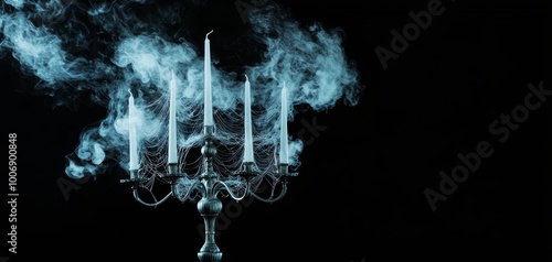 A spider web-covered candelabra with flickering ghostly blue flames, standing alone