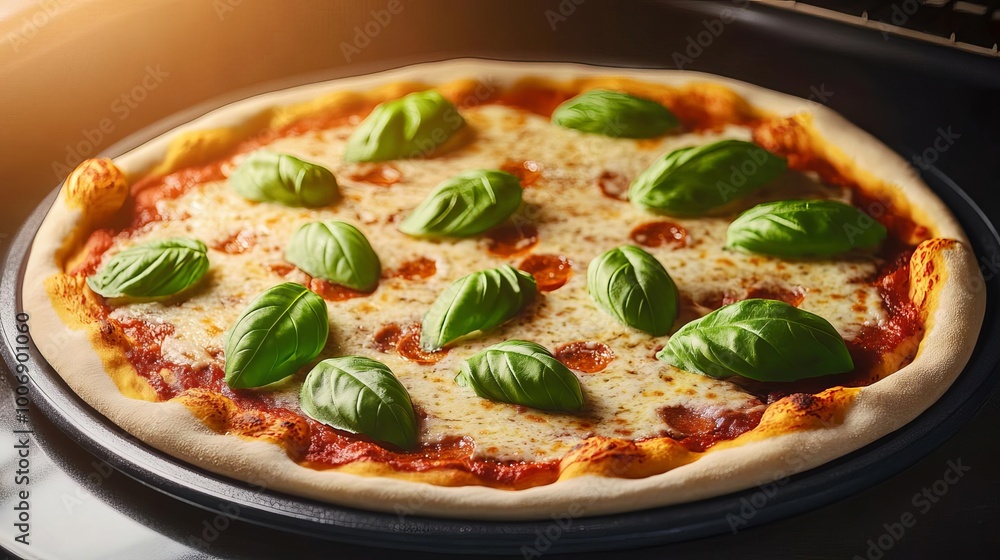 Fresh basil leaves on margarita pizza, cozy oven heat, 3D illustration