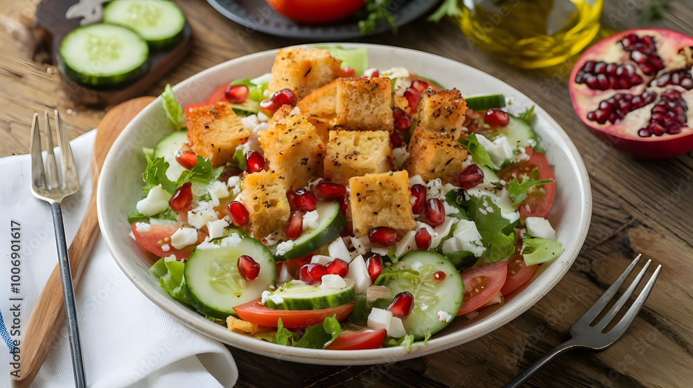 A vibrant salad of fattoush with crunchy pita croutons, fresh cucumbers, tomatoes, and pomegranate seeds, drizzled with olive oil.
A vibrant salad of fattoush with crunchy pita croutons, fresh cucumbers, tomatoes, and pomegranate seeds, drizzled with olive oil.