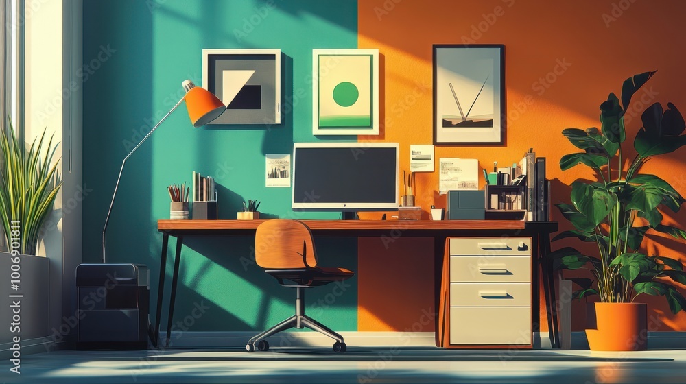 Home office set up with recycled furniture and energysaving devices, minimalist and green, digital illustration Home office set up with recycled furniture and energysaving devices, minimalist and green, digital illustration