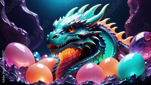 A colorful dragon rests among shimmering, vibrant eggs in a mystical setting. photo